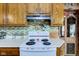 Close up of the kitchen stove, with wood cabinets and a decorative backsplash at 5902 Sunset Dr, Indianapolis, IN 46239