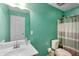 Bright bathroom featuring a toilet, shower with curtain, and vanity sink against the green wall at 6615 School Branch Dr, Brownsburg, IN 46112