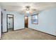 Bedroom with light blue walls, carpet, ceiling fan, closet and window at 6958 W Brier Creek Dr, New Palestine, IN 46163