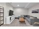 Finished basement featuring a gray sectional, modern shelving, and entertainment area at 1945 Carrollton Ave, Indianapolis, IN 46202