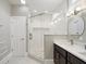 Bathroom boasts a glass-enclosed shower, double vanity with modern fixtures and neutral tiling at 3345 Ruckle St, Indianapolis, IN 46205