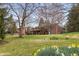 Spacious backyard featuring a wooden deck and beautiful landscaping with daffodils in the foreground at 625 Mulberry St, Zionsville, IN 46077
