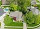 Aerial view showing brick home, mature trees, manicured lawn, and the backyard pool within a lovely neighborhood at 7732 Ashtree Dr, Indianapolis, IN 46259
