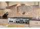 Close-up of gas range and custom backsplash in the kitchen at 999 Box Turtle Ct, Columbus, IN 47201