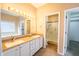 Spacious bathroom featuring a double vanity, large mirror, and a separate shower at 11229 Echo Ridge Ln, Indianapolis, IN 46236