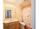 Bathroom with single sink vanity and shower tub combo with a patterned shower curtain at 11229 Echo Ridge Ln, Indianapolis, IN 46236
