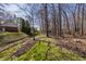 Picturesque backyard with creek, walking bridge, shed and tree coverage on a sunny day at 1591 Preston Trl, Carmel, IN 46032