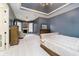 Spacious bedroom features tray ceiling, plush carpet, fireplace, and bay window at 1997 Finchley Rd, Carmel, IN 46032