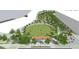 An aerial rendering of the community park featuring a large green space with gathering areas and walking paths at 9184 Anthem Ave, Plainfield, IN 46168