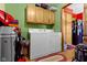 A laundry room featuring a washer, dryer and overhead cabinets provides functionality at 1243 S Morristown Pike, Greenfield, IN 46140