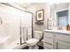Clean bathroom with a glass-enclosed shower and a modern vanity with decorative accents at 3164 Kent Dr, Brownsburg, IN 46112