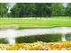Scenic golf course view featuring a tranquil pond and players enjoying a round amidst lush greenery and flowers at 3989 Birkdale Dr, Carmel, IN 46033
