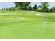 Close-up of putting green with a flag, sand trap, and scattered golf balls, highlighting well-maintained course conditions at 3989 Birkdale Dr, Carmel, IN 46033