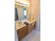Bathroom with a double vanity, tan cabinets, and large mirror reflecting natural light at 452 Twin Oaks Dr, Carmel, IN 46032