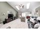 Spacious living room featuring skylights, a ceiling fan, and comfortable seating arrangements at 6036 Maple Forge Cir, Indianapolis, IN 46254