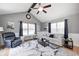Bright living room featuring a vaulted ceiling, hardwood floors and comfortable furnishings at 6036 Maple Forge Cir, Indianapolis, IN 46254