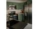 A close up of a kitchen featuring green cabinets, stainless steel appliances, and stone countertops at 6315 S Keystone Ave, Indianapolis, IN 46227