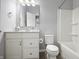 Bathroom featuring single vanity, quartz countertop, toilet and bathtub with shower at 6672 Eagles Nest Ln, McCordsville, IN 46055