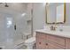 Elegant bathroom featuring a glass-enclosed shower, decorative tile, and modern vanity at 8146 W 875 S, Pendleton, IN 46064