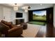Relaxing entertainment room with golf simulator, leather couch, and projector at 12895 Grenville St, Carmel, IN 46032