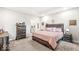 Comfortable main bedroom with wood accents, soft carpet, and a glimpse into the en-suite bathroom at 17865 Haralson Row, Westfield, IN 46074