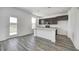 Modern kitchen with gray cabinets, stainless appliances, pendant lights, and a view to the backyard at 1952 White Oak Ln, Shelbyville, IN 46176