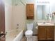 This bathroom features a vanity, mirror, toilet, shower and medicine cabinet at 4429 Tucson Dr, Indianapolis, IN 46241
