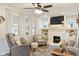 Bright living room featuring a fireplace, built-in shelves, and comfortable seating at 5226 E St Clair St, Indianapolis, IN 46219