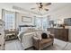 Bright bedroom features tray ceilings, neutral walls, plush bed with stylish decor and large windows at 6630 Overlander Ln, Whitestown, IN 46075