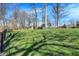 Large, grassy backyard with mature trees and a black chain link fence at 6820 W Forest Brook Dr, Fountaintown, IN 46130