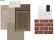 Interior design mood board showcasing natural wood flooring, brick accents, cabinet and counter samples at 8730 Hollander Dr, Camby, IN 46113