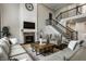 Stylish living room with a brick fireplace, tall ceilings, and comfortable seating arrangement at 14818 Autumn View Way, Fishers, IN 46037