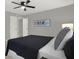 Cozy bedroom with a ceiling fan, gray walls, and a stylish bed with patterned pillows at 3601 Carrollton Ave, Indianapolis, IN 46205
