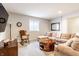 Cozy seating area in basement with comfortable sectional sofa and round wood coffee table at 3641 Shady Lake Dr, Westfield, IN 46074
