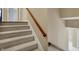 Carpeted staircase with a wooden handrail and white risers offer a classic design at 40 Twinshore Ct, Carmel, IN 46033