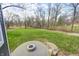 Backyard with a fire pit area, surrounded by green grass and mature trees at 4915 E 79Th St, Indianapolis, IN 46250