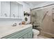 Bathroom featuring a vanity with a sink and mirror, a toilet, and a glass-enclosed shower at 7349 Castleton Farms N Dr, Indianapolis, IN 46256