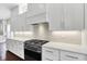 Close-up of the gourmet kitchen with stainless steel range, white cabinets, and marble backsplash at 1238 Alabama St, Indianapolis, IN 46202