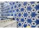 Beautiful powder room featuring intricate blue and white patterned wallpaper, modern fixtures, and bright lighting at 1238 Alabama St, Indianapolis, IN 46202