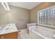Bright bathroom featuring a soaking tub, glass block window, double sink vanity, and updated lighting fixtures at 400 S Prairie Trce, Muncie, IN 47304