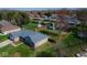 Aerial view of backyard with a firepit and shed in fenced yard, a pool, and a well-maintained lawn at 511 Windward Ln, Plainfield, IN 46168