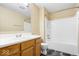 Neutral bathroom features a vanity with white countertops, a toilet, and a shower/tub combo at 12741 Glengary Dr, Fishers, IN 46038