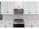 Modern kitchen features white cabinets, stainless steel appliances, and subway tile backsplash at 2053 Columbia Ave, Indianapolis, IN 46202