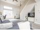 Bright living room featuring hardwood floors, a gray sofa and a high ceiling with a ceiling fan at 2421 Grand Fir Dr, Greenwood, IN 46143