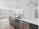This kitchen features a large island, gray cabinets, stainless steel appliances and pendant lighting at 2578 Filson St, Carmel, IN 46032