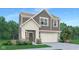 Two-story home boasts gray siding, a covered porch, and an attached two-car garage at 4535 Laughter Ln, Indianapolis, IN 46235