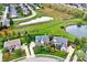 Aerial view of a neighborhood featuring well-maintained homes, ponds, walking paths and mature trees at 6110 Tanana Dr, Carmel, IN 46033