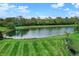 Picturesque view of a serene pond surrounded by lush greenery and mature trees, creating a tranquil landscape at 6110 Tanana Dr, Carmel, IN 46033
