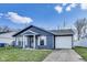 Charming one-story home features a blue exterior, white trim, and an attached one-car garage at 9525 Meadowlark Dr, Indianapolis, IN 46235