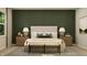 Serene bedroom featuring green accent wall, neutral bedding, and wood nightstands at 19727 Boulder Brook Ln, Westfield, IN 46074